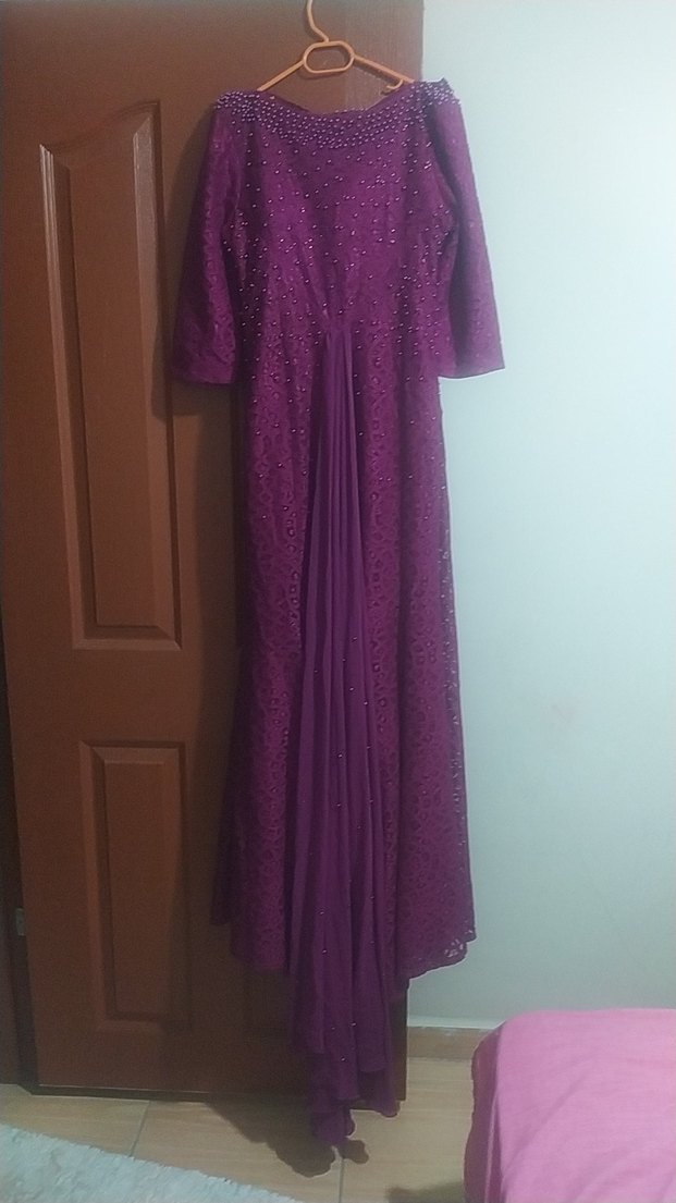 Mor Uzun Drapeli Kadın Abiye Elbise - Görsel 5