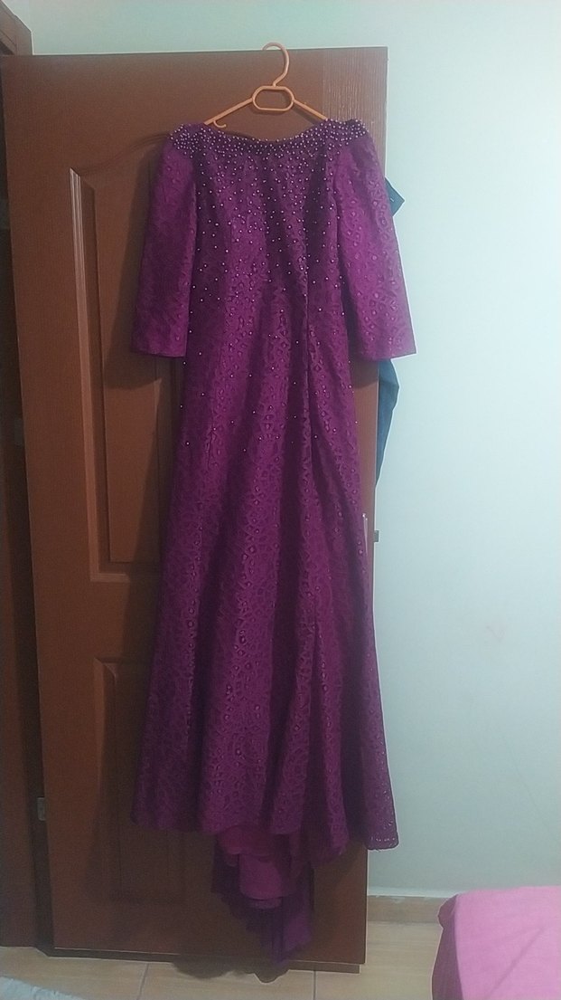 Mor Uzun Drapeli Kadın Abiye Elbise - Görsel 3