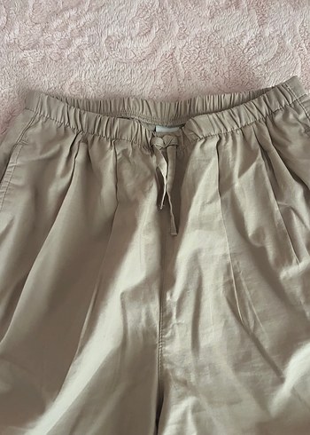 10 Yaş Beden Bej Kadın Keten Geniş Paça Midi Pantolon