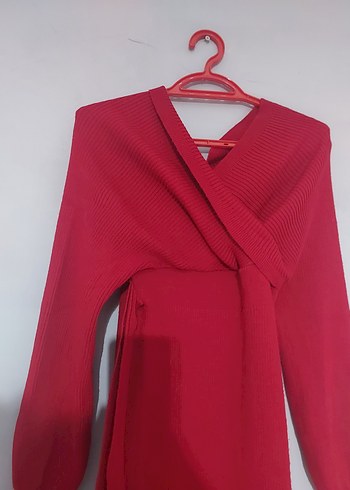 Kemerli, Kırmızı Uzun Kollu Kadın Elbise - Görsel 2