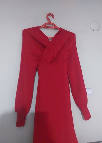 Kemerli, Kırmızı Uzun Kollu Kadın Elbise - Görsel 5