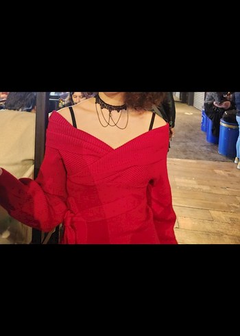 Kemerli, Kırmızı Uzun Kollu Kadın Elbise - Görsel 6