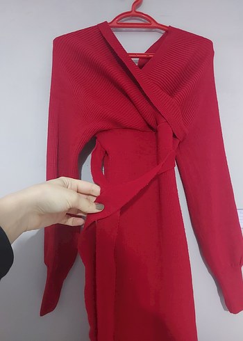 Kemerli, Kırmızı Uzun Kollu Kadın Elbise - Görsel 4