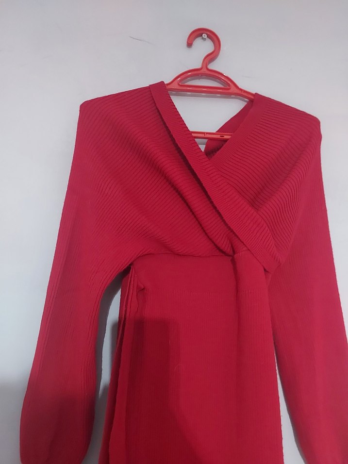 Kemerli, Kırmızı Uzun Kollu Kadın Elbise - Görsel 2