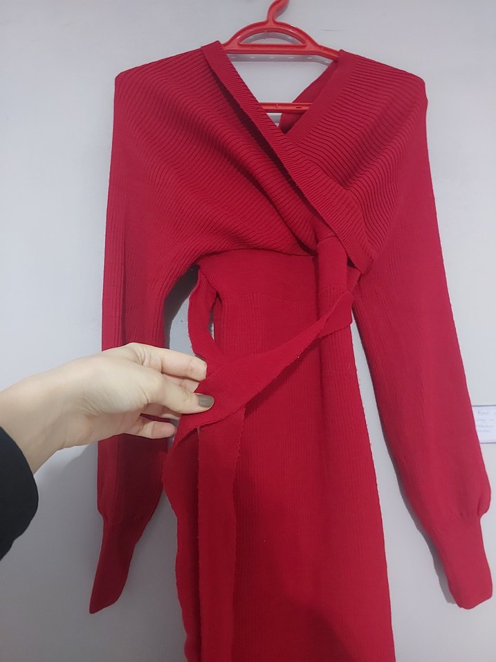 Kemerli, Kırmızı Uzun Kollu Kadın Elbise - Görsel 4