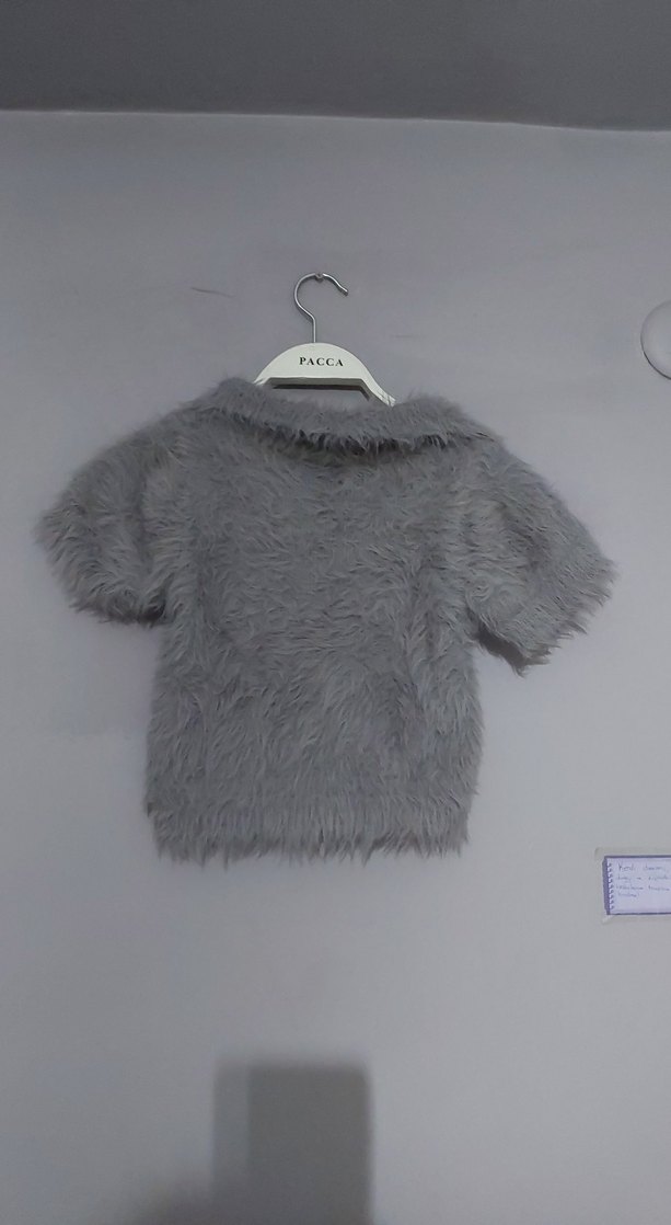 Gri Kısa Kollu Kürklü Kadın Bluz - Görsel 3