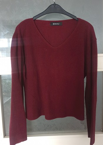 Bordo V Yakalı Kadın Triko Crop Kazak