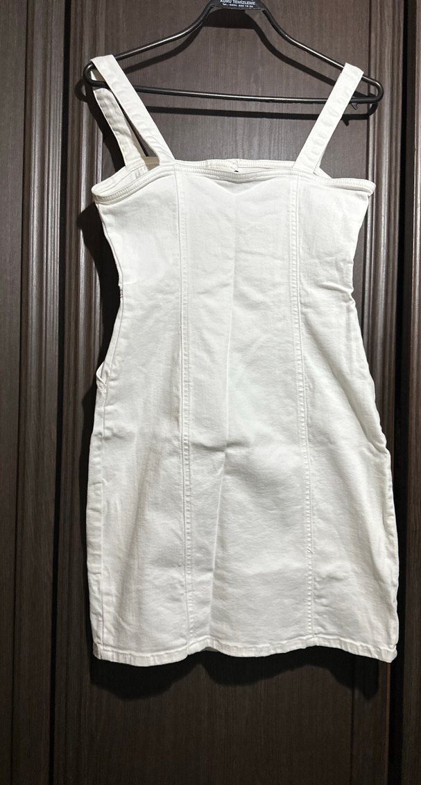 Düğmeli Beyaz Mini Pamuklu Elbise - Görsel 2