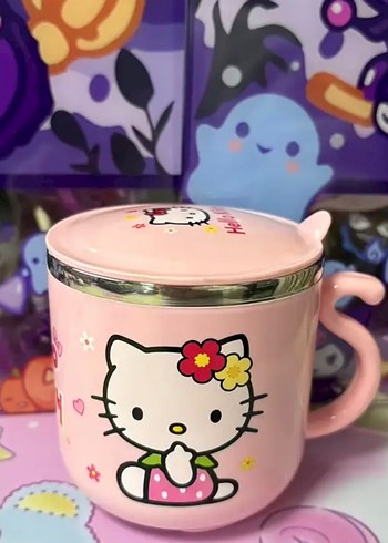 Hello Kitty Kapaklı Pembe Çelik Kupa