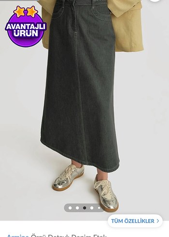 Gri Kot Midi Etek, Kemerli, Rahat Kesim - Görsel 8