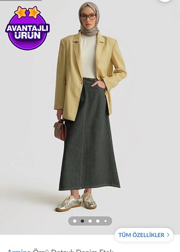 Gri Kot Midi Etek, Kemerli, Rahat Kesim - Görsel 2