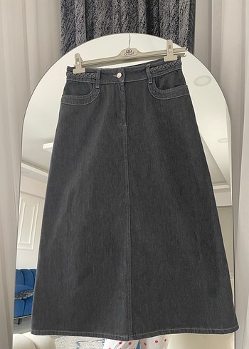 Gri Kot Midi Etek, Kemerli, Rahat Kesim - Görsel 3