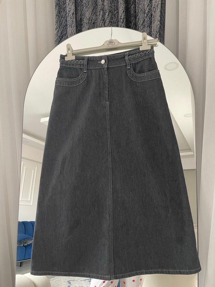 Gri Kot Midi Etek, Kemerli, Rahat Kesim - Görsel 3