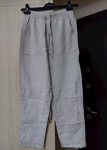 Zara Bej Midi Keten Kadın Rahat Pantolon
