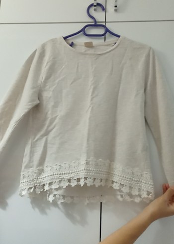 Kız Çocuk Bej Pamuklu Dantel Detaylı Bluz - Görsel 2
