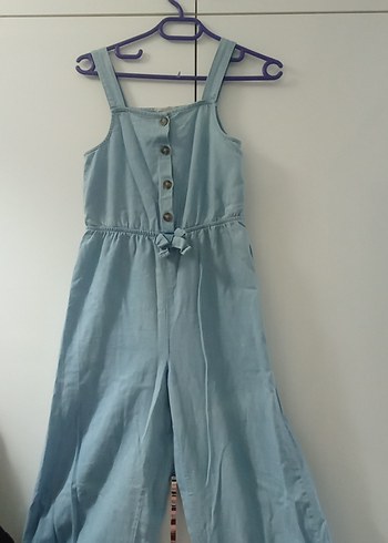 Mavi Kadın Keten Düğmeli Askılı Tulum - Görsel 2