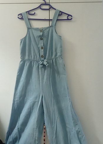 Mavi Kadın Keten Düğmeli Askılı Tulum - Görsel 3