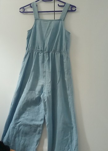 Mavi Kadın Keten Düğmeli Askılı Tulum - Görsel 4