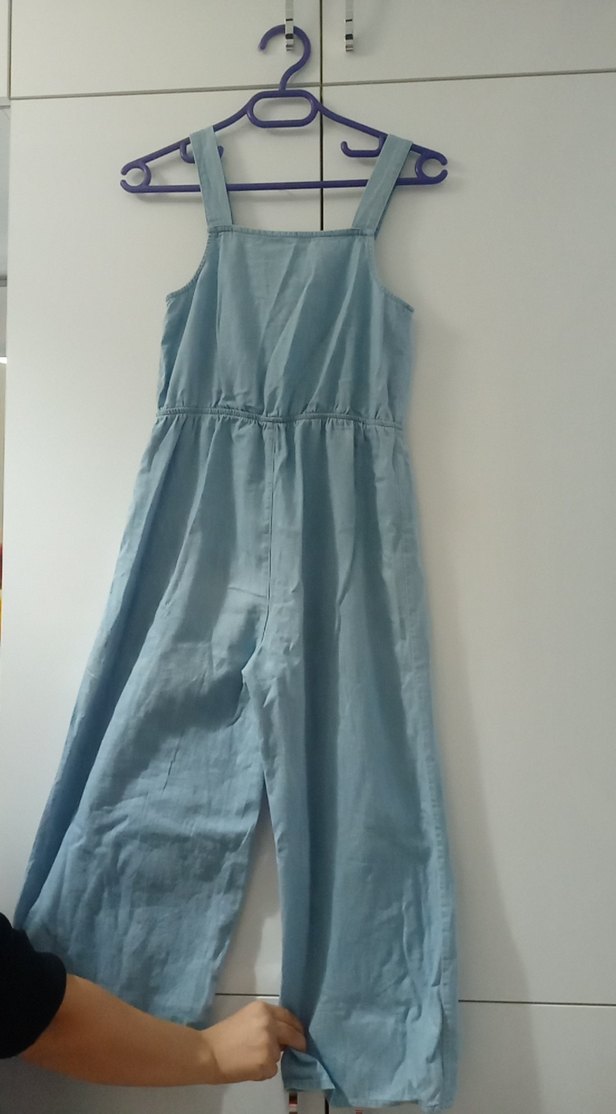 Mavi Kadın Keten Düğmeli Askılı Tulum - Görsel 5