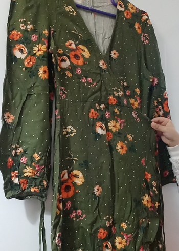 Uzun Kollu Yeşil Çiçekli Midi Bohem Elbise - Görsel 4