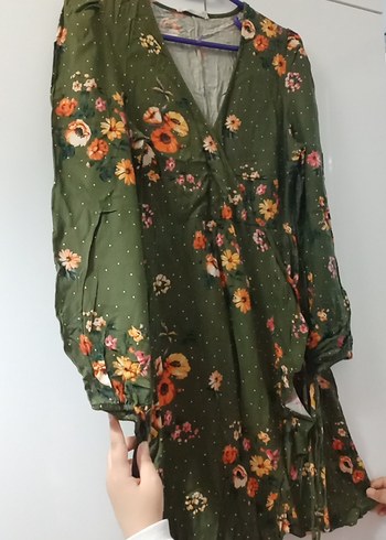 Uzun Kollu Yeşil Çiçekli Midi Bohem Elbise - Görsel 3