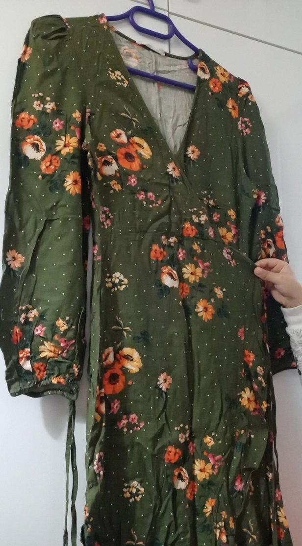 Uzun Kollu Yeşil Çiçekli Midi Bohem Elbise - Görsel 4