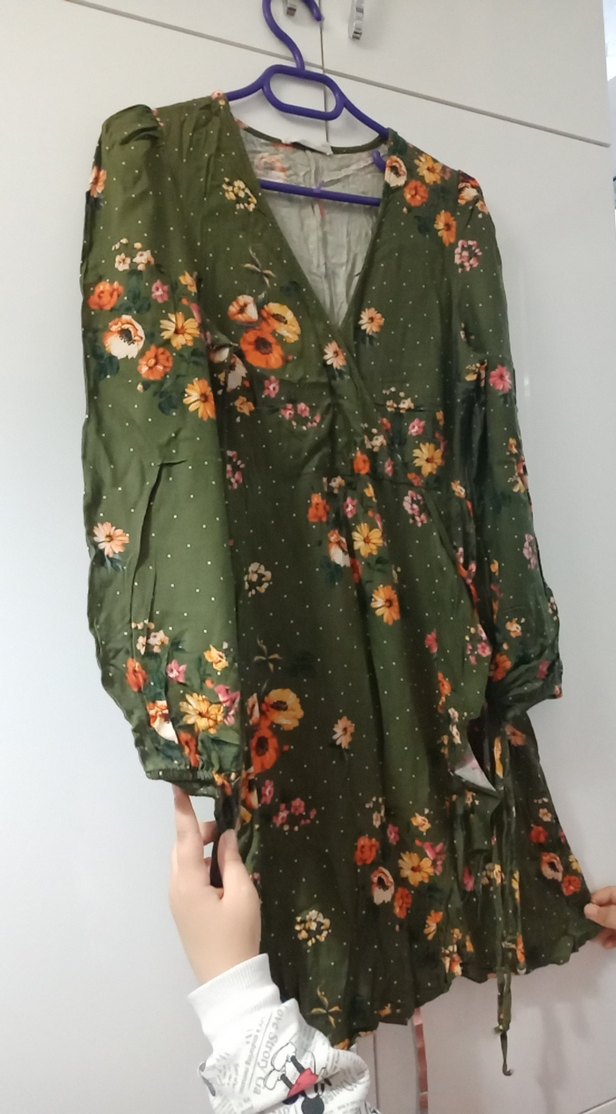 Uzun Kollu Yeşil Çiçekli Midi Bohem Elbise - Görsel 3