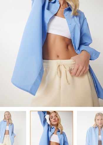 Mavi V Yaka Pamuk Gömlek - Görsel 2