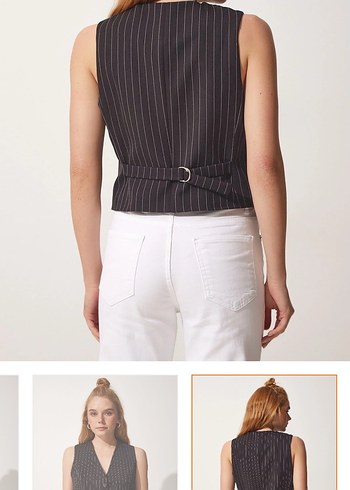 Düğmeli Çizgili V Yaka Kadın Yelek - Görsel 2