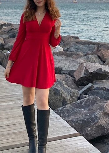 Bordo Mini Uzun Kollu V Yaka Abiye Elbise - Görsel 2