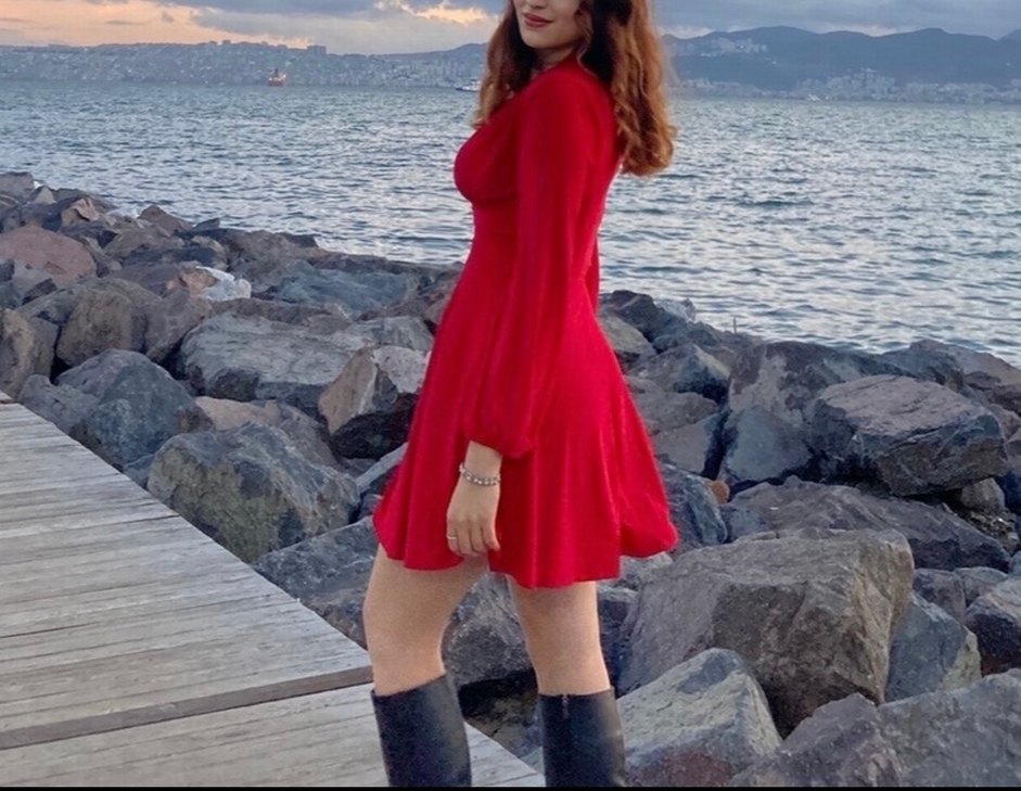 Bordo Mini Uzun Kollu V Yaka Abiye Elbise - Görsel 3