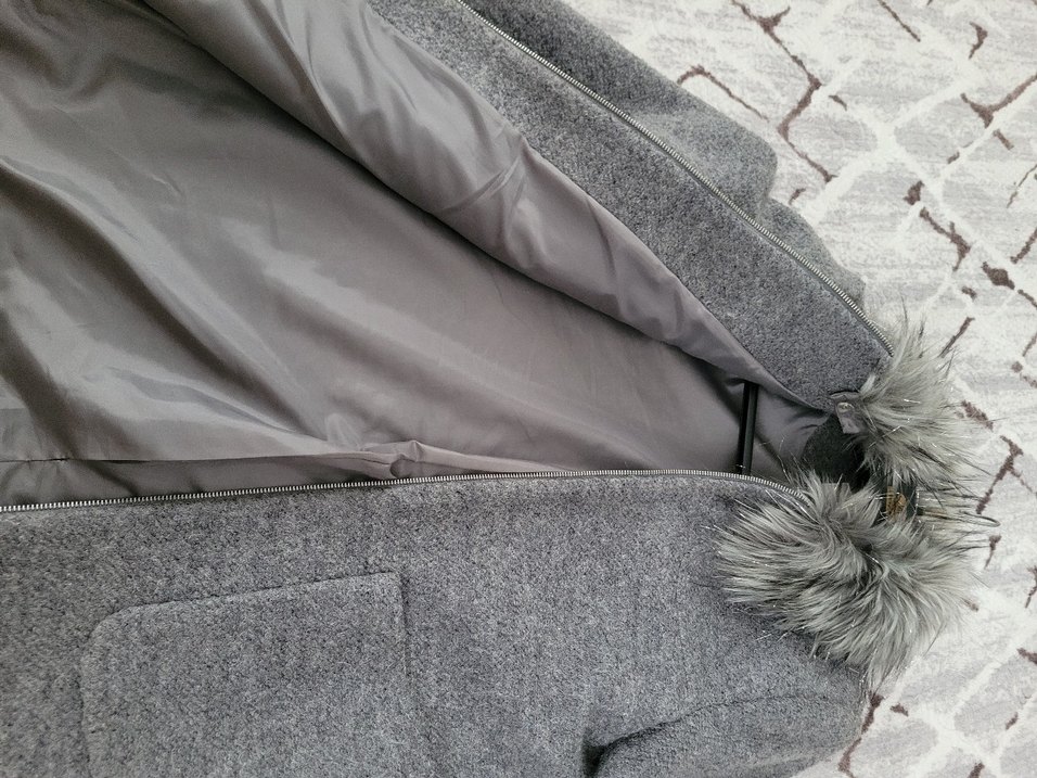 Kadin Gri Fermuarlı Kaban, Kürk Yaka Detaylı - Görsel 3