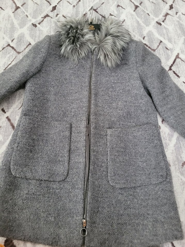 Kadin Gri Fermuarlı Kaban, Kürk Yaka Detaylı - Görsel 2