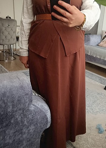 Kahverengi Kemerli Uzun Ofis Elbisesi - Görsel 5