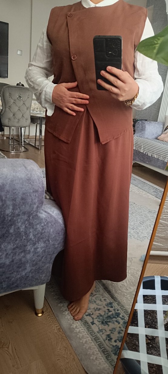 Kahverengi Kemerli Uzun Ofis Elbisesi - Görsel 2