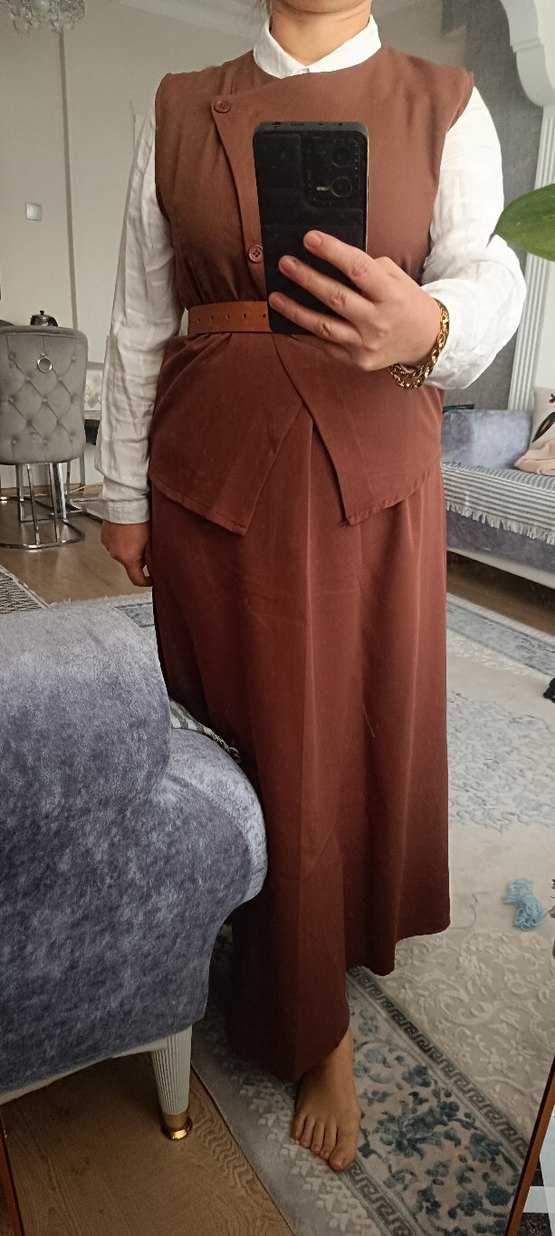 Kahverengi Kemerli Uzun Ofis Elbisesi - Görsel 5