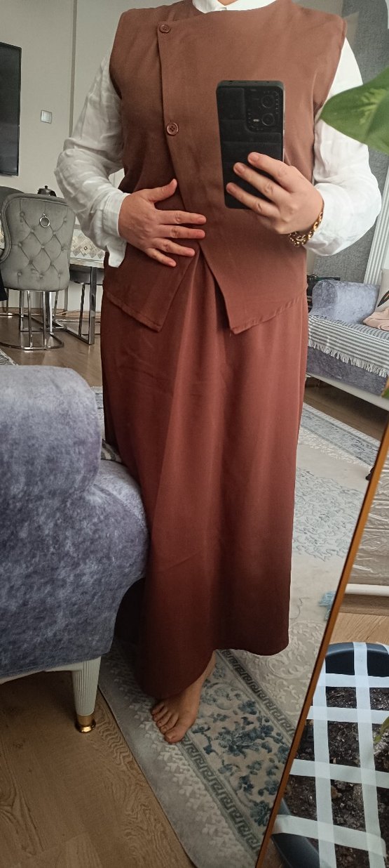 Kahverengi Kemerli Uzun Ofis Elbisesi - Görsel 3