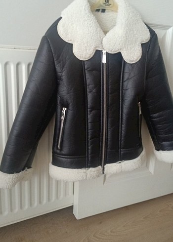 Çocuk Siyah Kürklü Deri Biker Mont - Görsel 2