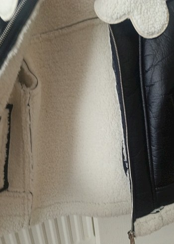 Beyaz Kürklü Siyah Deri Biker Ceket - Görsel 8