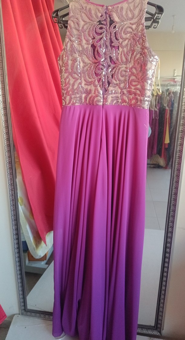 Mor Uzun Drapeli Straplez Abiye Elbise - Görsel 3