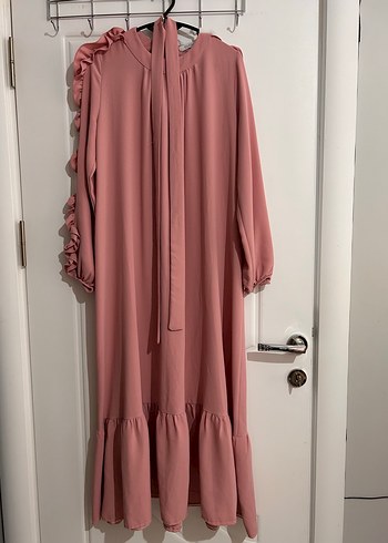 Pembe Uzun Kollu Fırfırlı Bohem Elbise