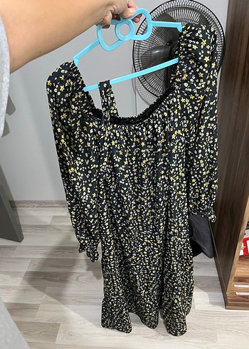 Sarı Çiçekli Uzun Kollu Midi Elbise