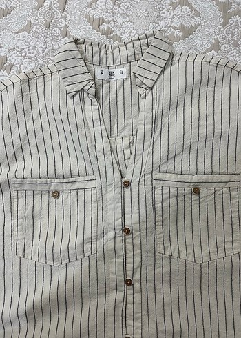 Düğmeli Kısa Kollu Bej Keten Gömlek - Görsel 2