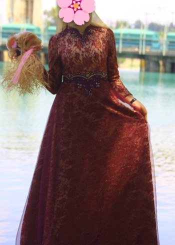 Bordo Dantel İşlemeli Uzun Kollu Abiye - Görsel 2