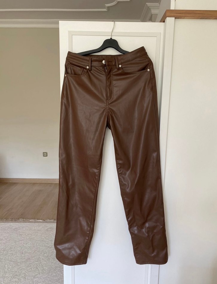 Kadın Kahverengi Deri Salaş Pantolon - Görsel 2