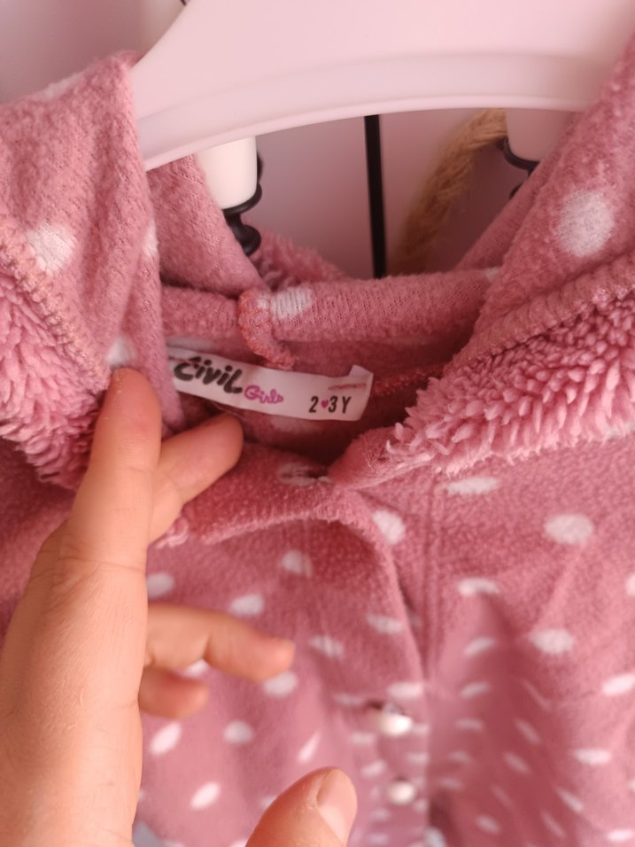 Pembe Puantiyeli Kız Çocuk Düğmeli Panço - Görsel 5