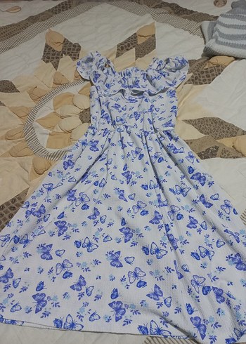 Mavi Kelebek Desenli Bohem Kız Elbisesi