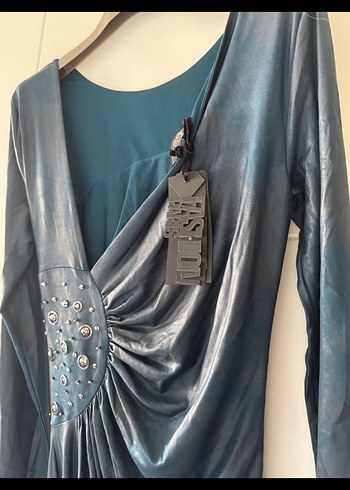 Uzun Kollu Koyu Mavi Drapeli Gotik Elbise - Görsel 2