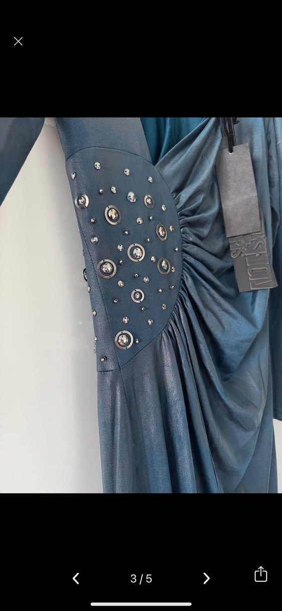 Uzun Kollu Koyu Mavi Drapeli Gotik Elbise - Görsel 3