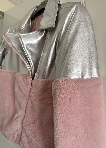 Gri-Pembe Peluş Detaylı Kadın Ceket - Görsel 3